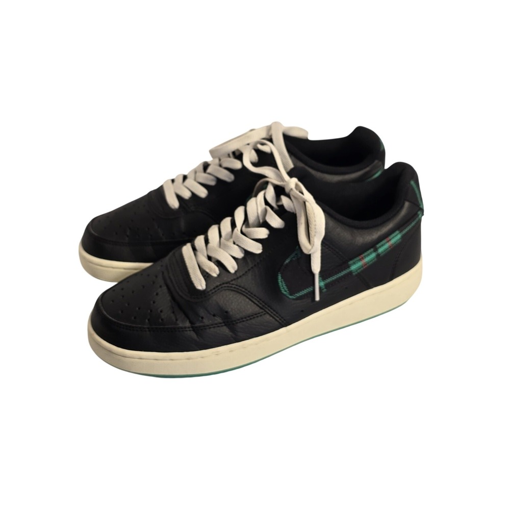 Nike Mens Size 8 Court Shoes Black Leather Green Plaid Swoosh FD0321-010 Sneaker
